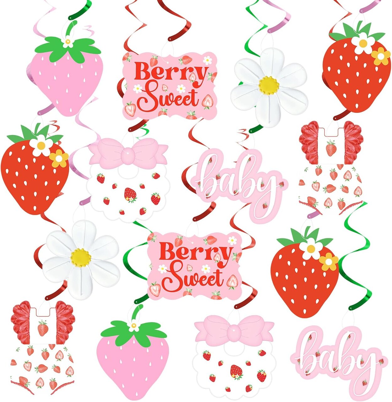 20-Piece Berry Sweet Strawberry Hanging Swirl Decor | Summer Fruit Ceiling Streamers for Girl's First Birthday, Baby Shower, Bridal Shower & Sweet One Party Supplies